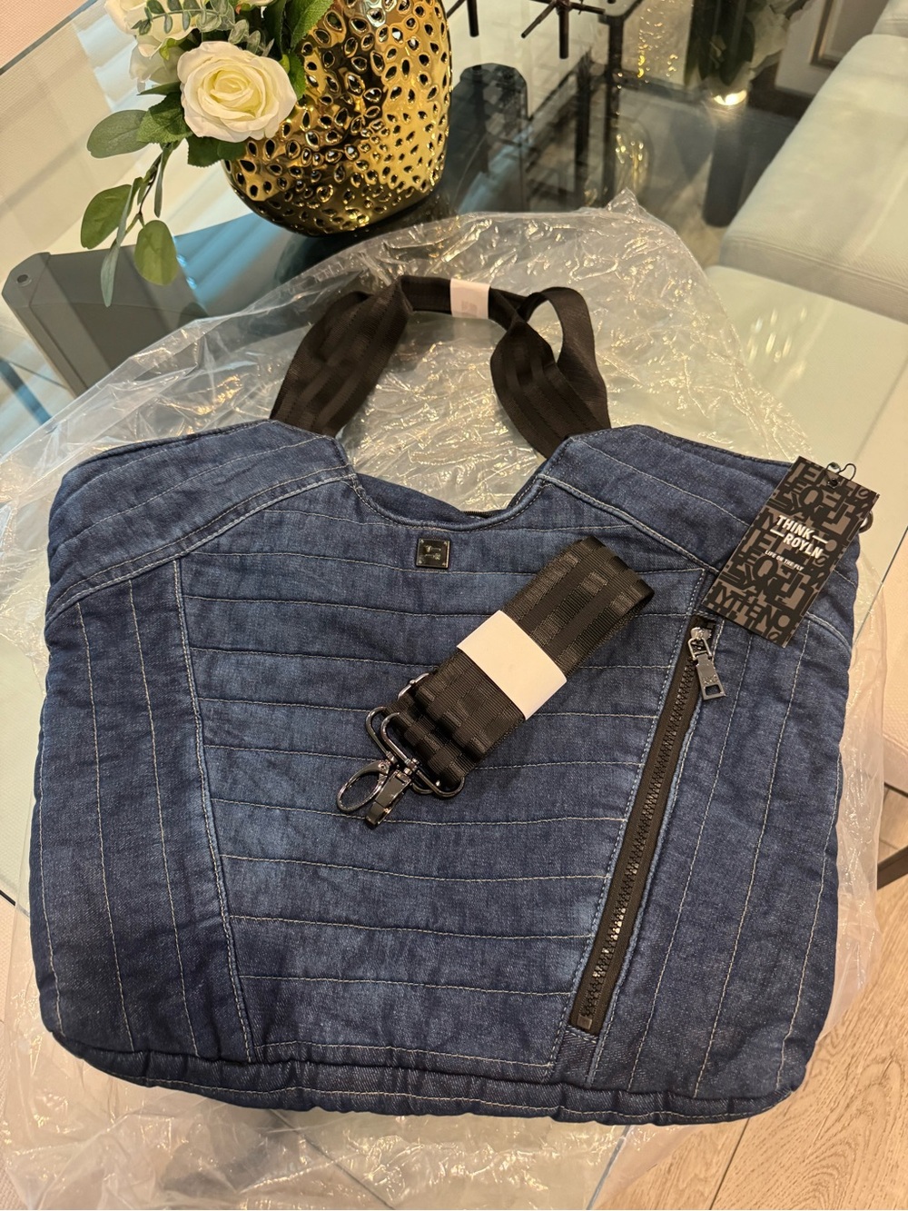 THINK ROYLN Denim Quilted Tote Bag with Detachable Strap - Blue